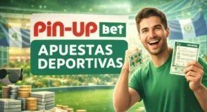 Pin-Up Bet Guatemala con apuestas deportivas online y jugador celebrando premio con boleto ganador en estadio de fútbol